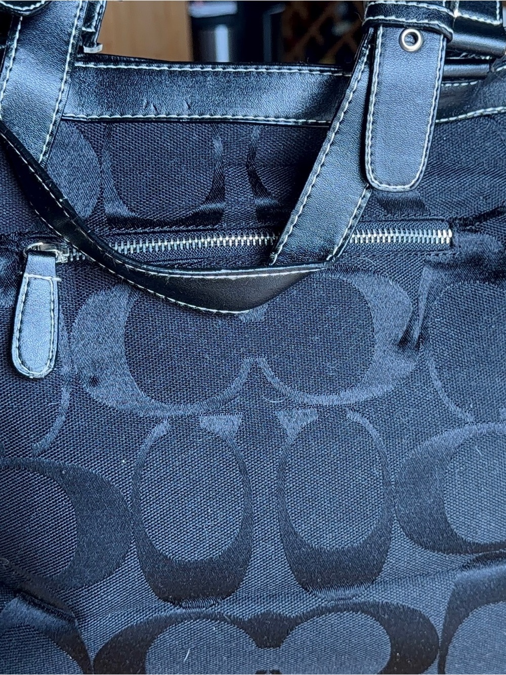Coach Black Signature Jacquard Tote with Leather Trim